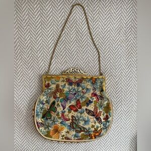 Antique Cream Multicolor Butterfly Embroidered Clutch